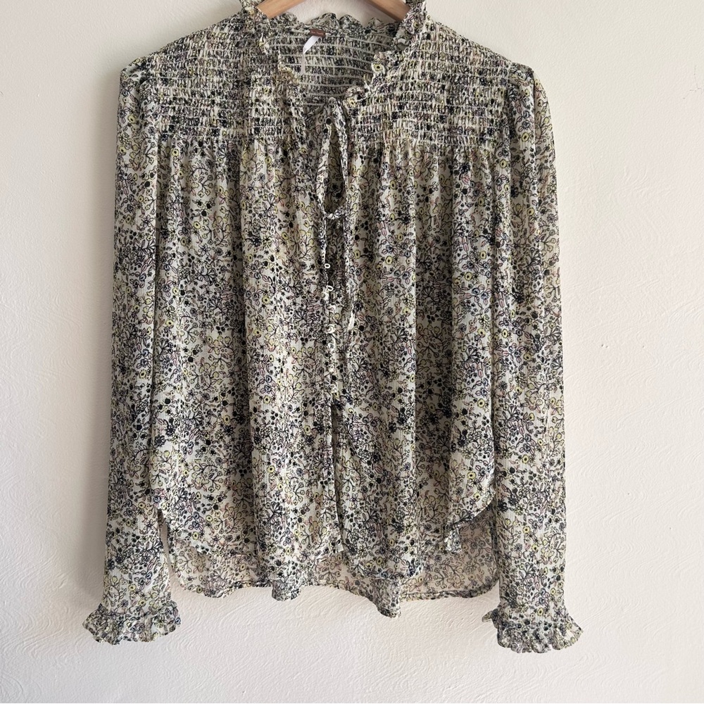 Free People Lela Floral Smocked Ruffle Gauzy Blouse – M